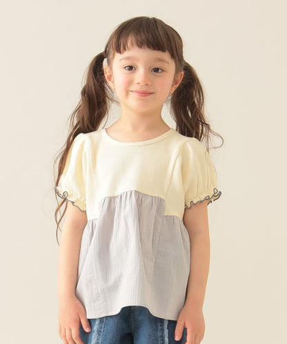 Japanese children's clothing BEAMS mini puff sleeve patchwork top 90-150cm girls summer TOPS 