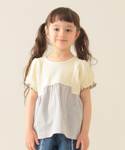 Japanese children's clothing BEAMS mini puff sleeve patchwork top 90-150cm girls summer TOPS 