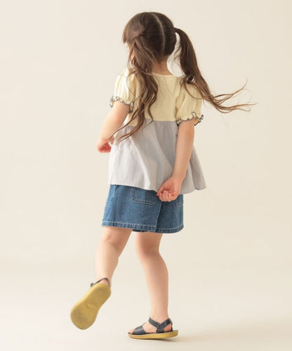 Japanese children's clothing BEAMS mini puff sleeve patchwork top 90-150cm girls summer TOPS 