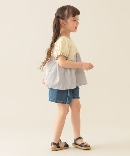 Japanese children's clothing BEAMS mini puff sleeve patchwork top 90-150cm girls summer TOPS 