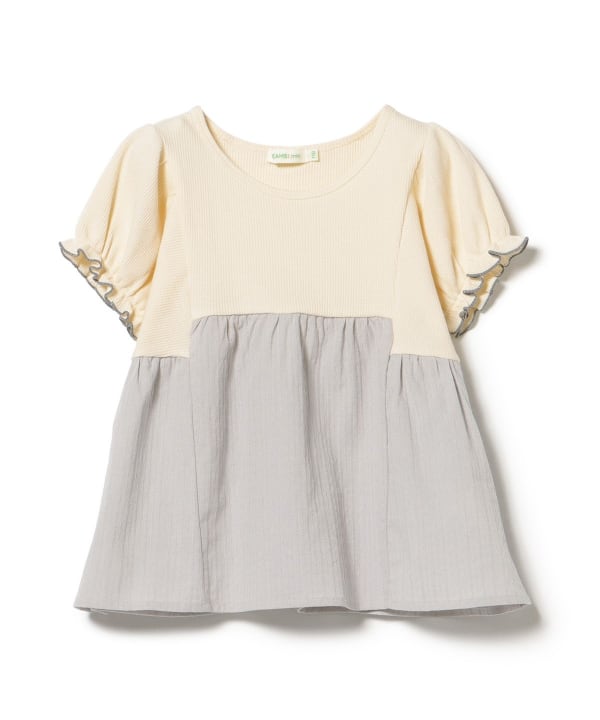 Japanese children's clothing BEAMS mini puff sleeve patchwork top 90-150cm girls summer TOPS 