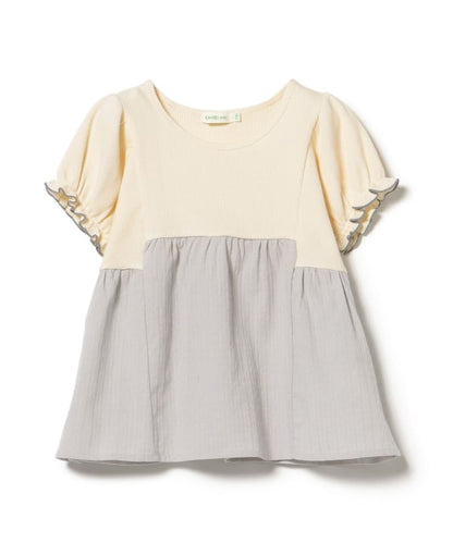 Japanese children's clothing BEAMS mini puff sleeve patchwork top 90-150cm girls summer TOPS 