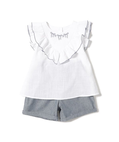 Japanese BEAMS Mini Embroidery Two-Piece Set (90-150cm) for Girls (Summer TOPS PANTS) 