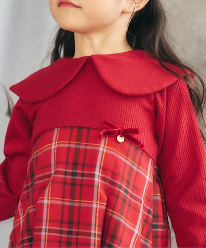 日本童裝 apres les cours 披肩格紋連身裙 80-140cm 女童款 冬季 DRESSES 聖誕紅/新年紅
