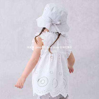 Japanese children's clothing pe#main lace hollow top 80-130cm girls summer TOPS 