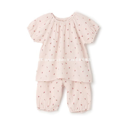 Japanese children's clothing pe#main puff sleeve double gauze pajamas 80-130cm girls' summer pajamas series 