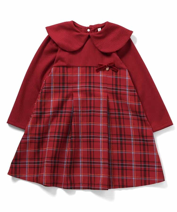 日本童裝 apres les cours 披肩格紋連身裙 80-140cm 女童款 冬季 DRESSES 聖誕紅/新年紅