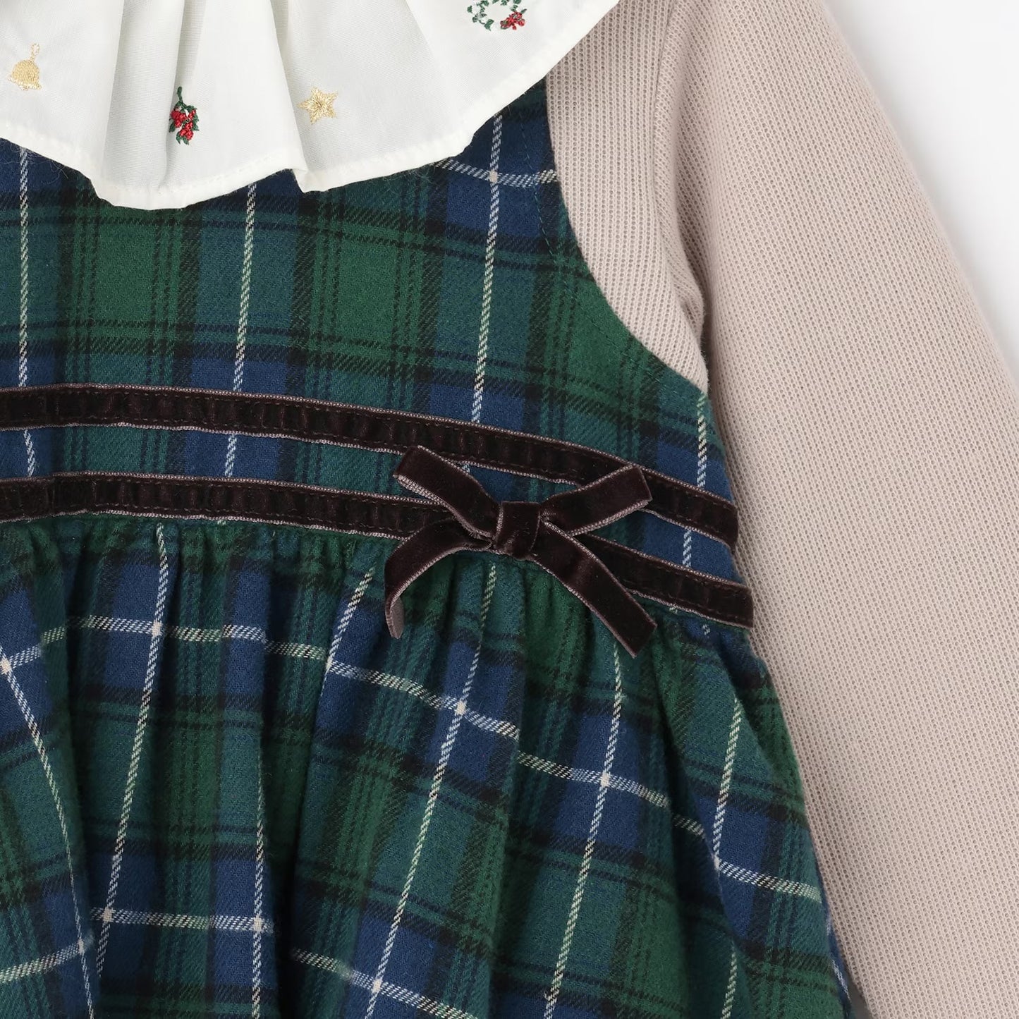 日本童裝 pe#main 假兩件格仔連身裙 80-130cm 女童款 冬季 DRESSES 面試/宴會/表演 聖誕紅/新年紅