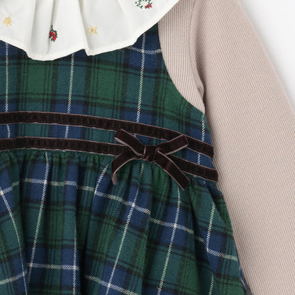 日本童裝 pe#main 假兩件格仔連身裙 80-130cm 女童款 冬季 DRESSES 面試/宴會/表演 聖誕紅/新年紅