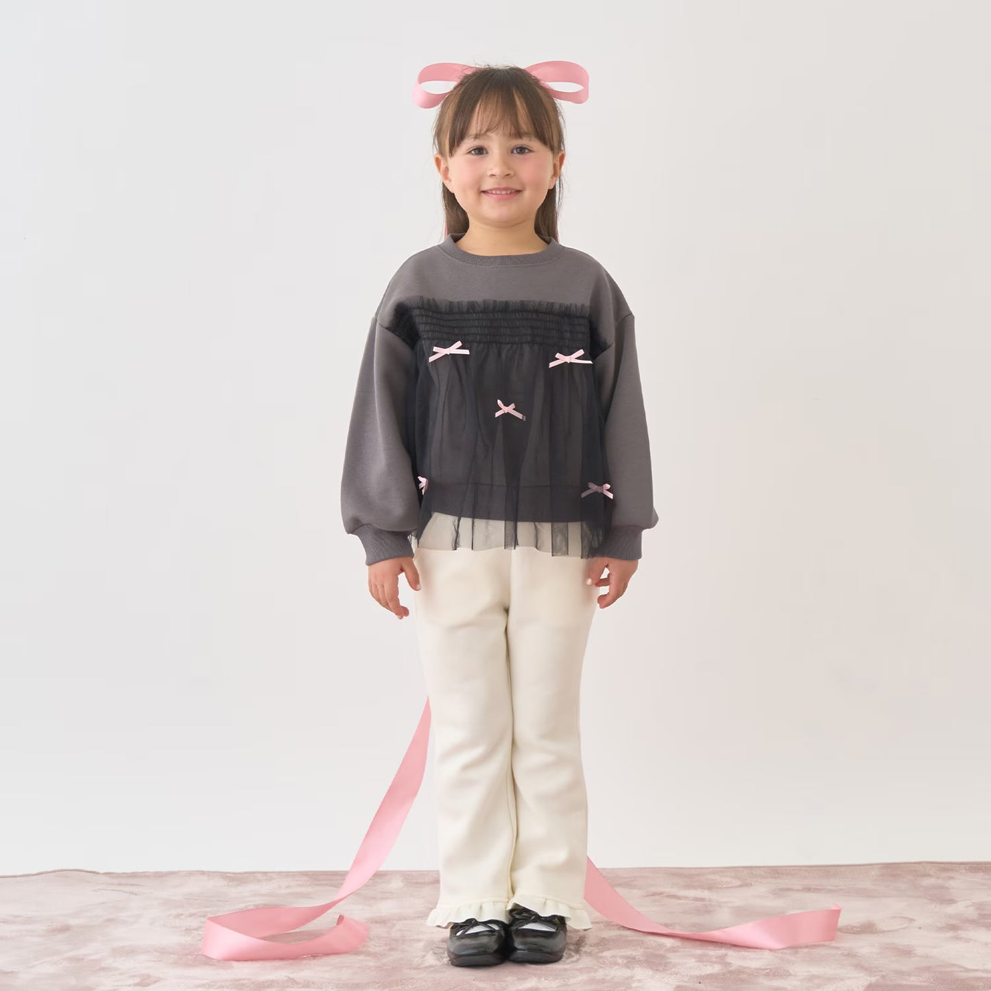 日本童裝 Ly# mine 抓毛緞帶薄紗拼接衛衣 100-150cm 女童款 冬季 TOPS