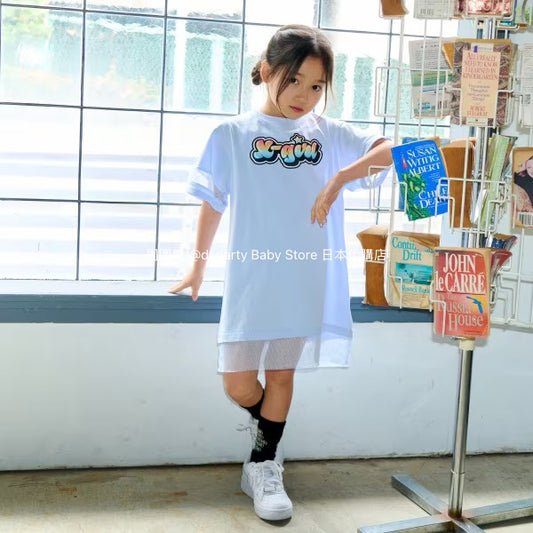 Japanese children's clothing X-girl Stages mesh patchwork dress 80-140cm girls summer dresses 