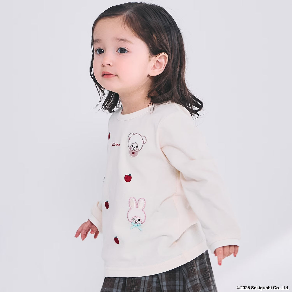 日本童裝 pe#main x Monchhichi 毛毛刺繡圖案上衣 80-130cm 女童款 秋季 TOPS 聖誕紅/新年紅