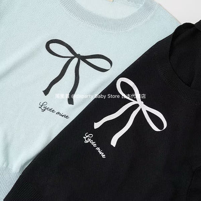 Japanese children's clothing Ly# mine bow print top 110-140cm girls summer TOPS 