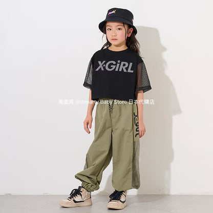 Japanese children's clothing X-girl Stages mesh sleeve patchwork top 90-140cm girls summer TOPS 