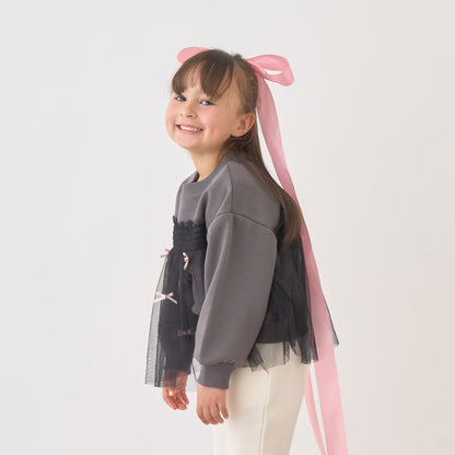 日本童裝 Ly# mine 抓毛緞帶薄紗拼接衛衣 100-150cm 女童款 冬季 TOPS