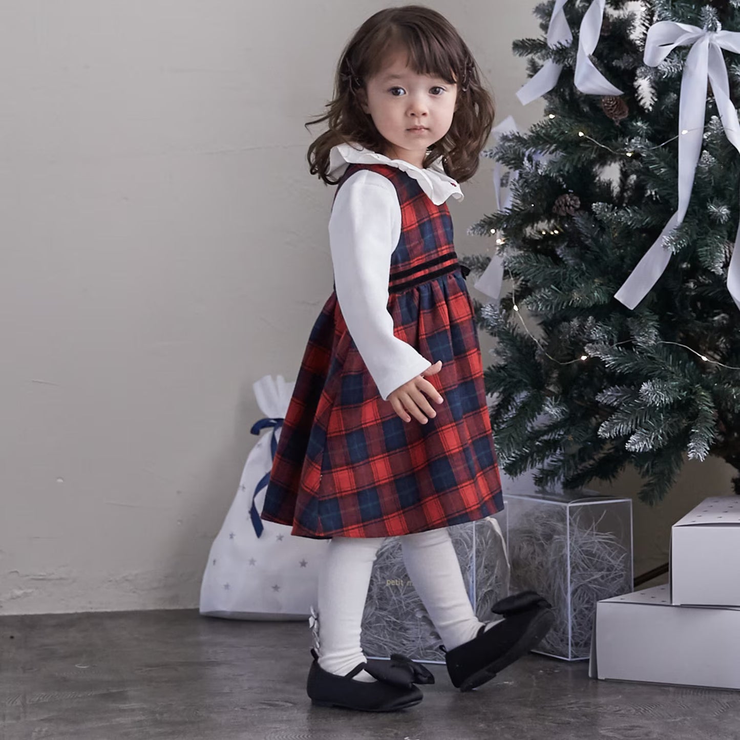 日本童裝 pe#main 假兩件格仔連身裙 80-130cm 女童款 冬季 DRESSES 面試/宴會/表演 聖誕紅/新年紅