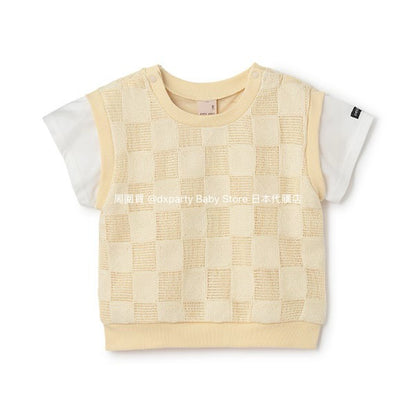 Japanese children's clothing pe#main fake two-piece checkered top 80-130cm boys' summer TOPS 