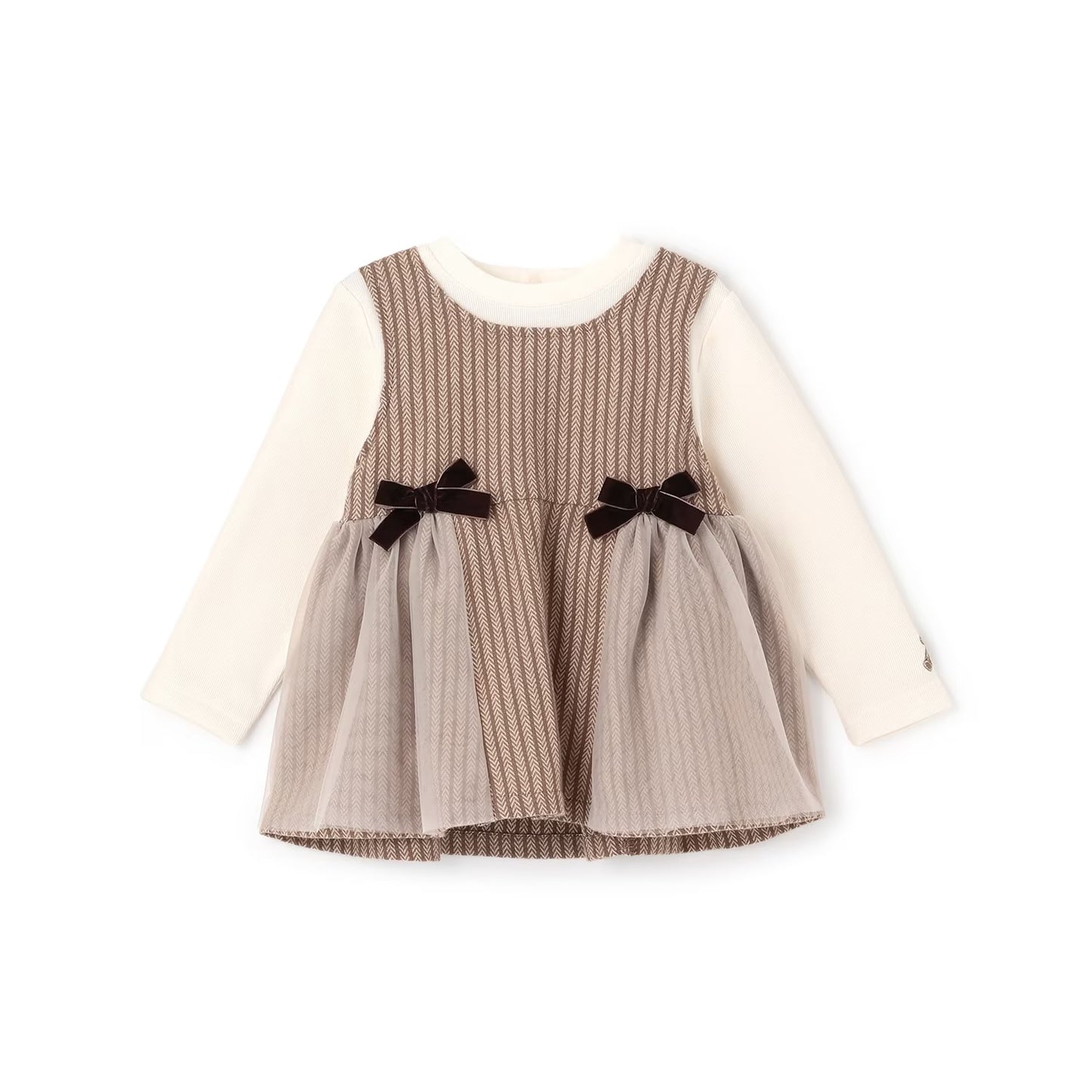 日本童裝 pe#main 假兩件蝴蝶結花邊上衣 80-130cm 女童款 冬季 TOPS 聖誕紅/新年紅