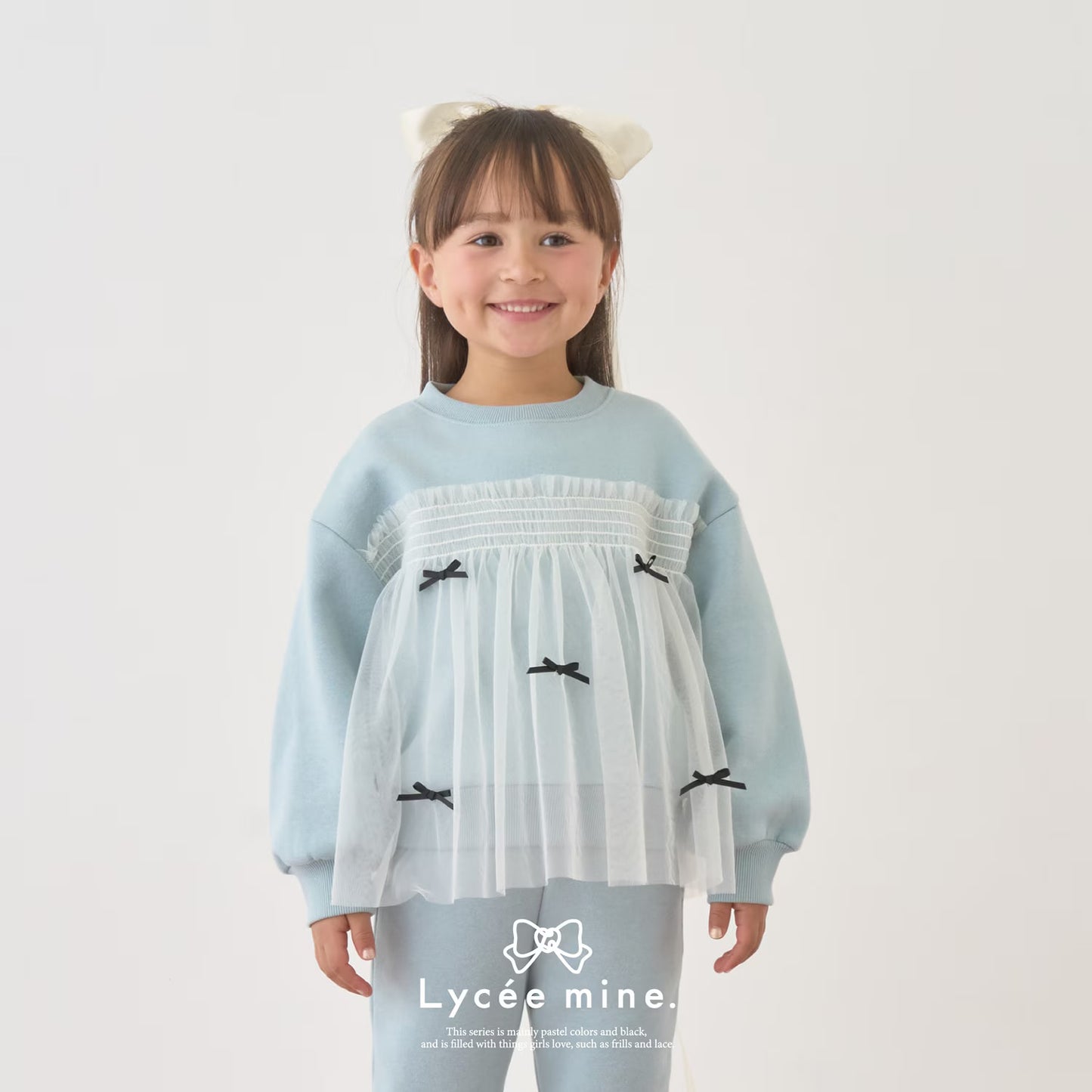 日本童裝 Ly# mine 抓毛緞帶薄紗拼接衛衣 100-150cm 女童款 冬季 TOPS