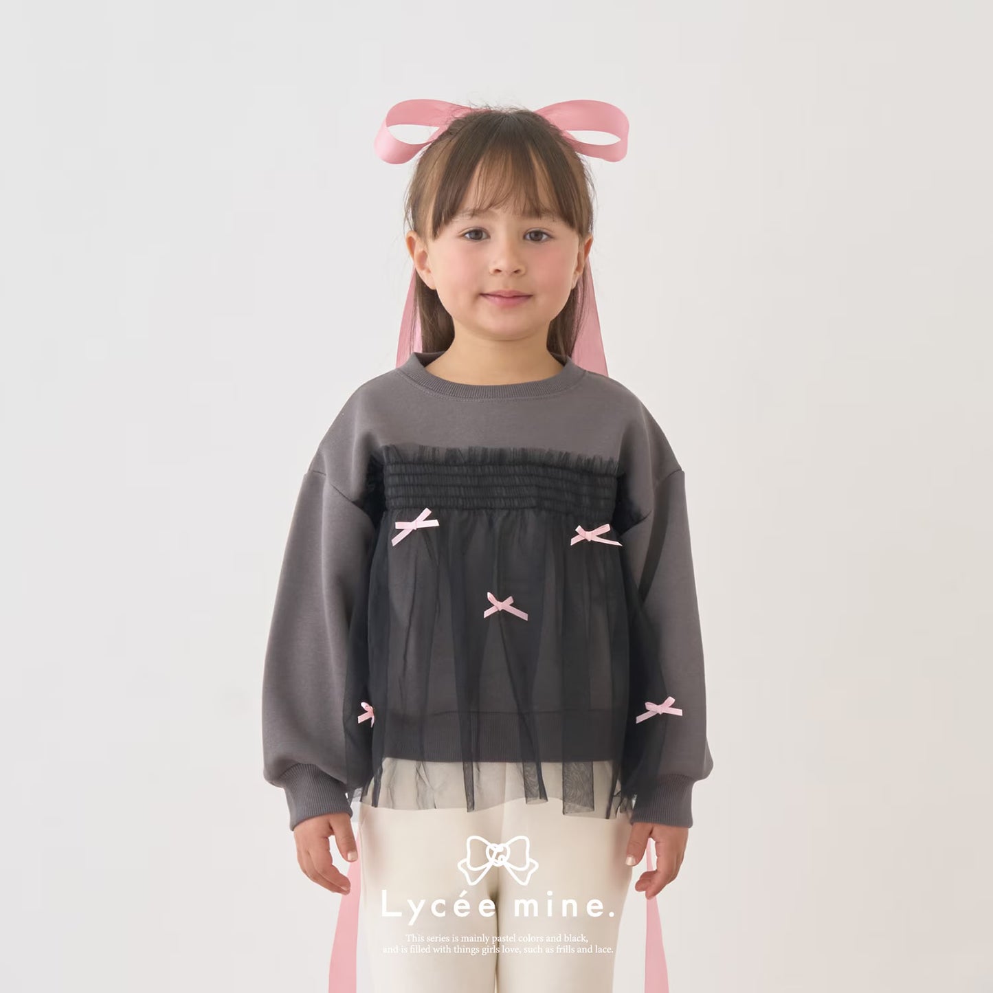 日本童裝 Ly# mine 抓毛緞帶薄紗拼接衛衣 100-150cm 女童款 冬季 TOPS