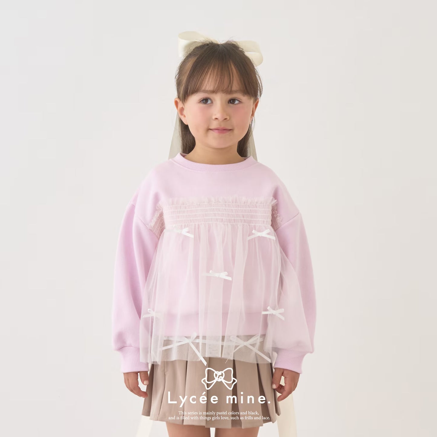 日本童裝 Ly# mine 抓毛緞帶薄紗拼接衛衣 100-150cm 女童款 冬季 TOPS