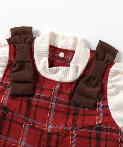 日本童裝 apres les cours 格仔連衣 70-80cm 女童款 冬季 Jumpsuit 聖誕紅/新年紅