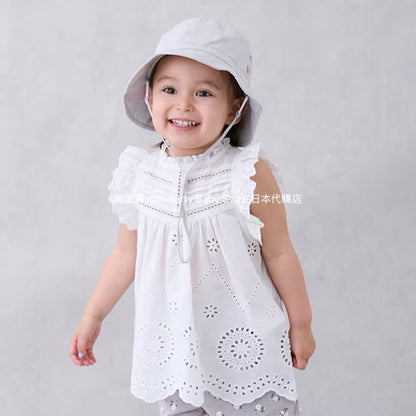 Japanese children's clothing pe#main lace hollow top 80-130cm girls summer TOPS 