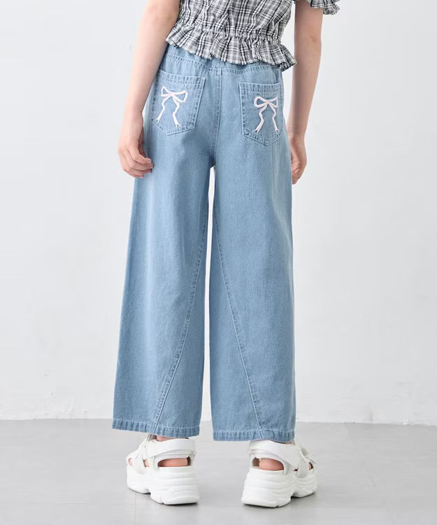 日本童裝 aF#a325 刺繡淺色牛仔寬褲 110-150cm 女童款 夏季 PANTS