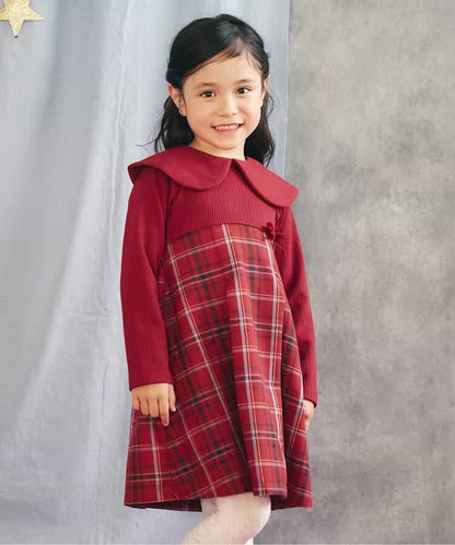 日本童裝 apres les cours 披肩格紋連身裙 80-140cm 女童款 冬季 DRESSES 聖誕紅/新年紅