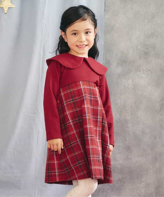 日本童裝 apres les cours 披肩格紋連身裙 80-140cm 女童款 冬季 DRESSES 聖誕紅/新年紅