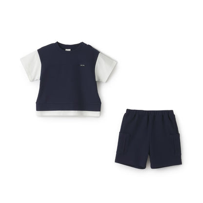日本童裝 pe#main 接觸冷感 假兩件上衣及短褲套裝 80-130cm 男童款 夏季 TOPS PANTS