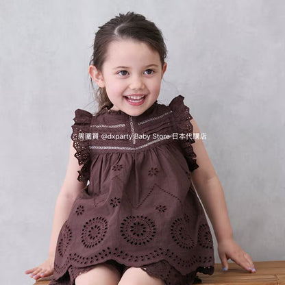 Japanese children's clothing pe#main lace hollow top 80-130cm girls summer TOPS 