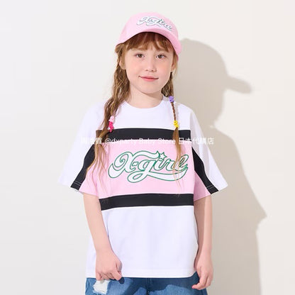 Japanese children's clothing X-girl Stages contact cool color block logo print top 80-140cm girls summer TOPS 