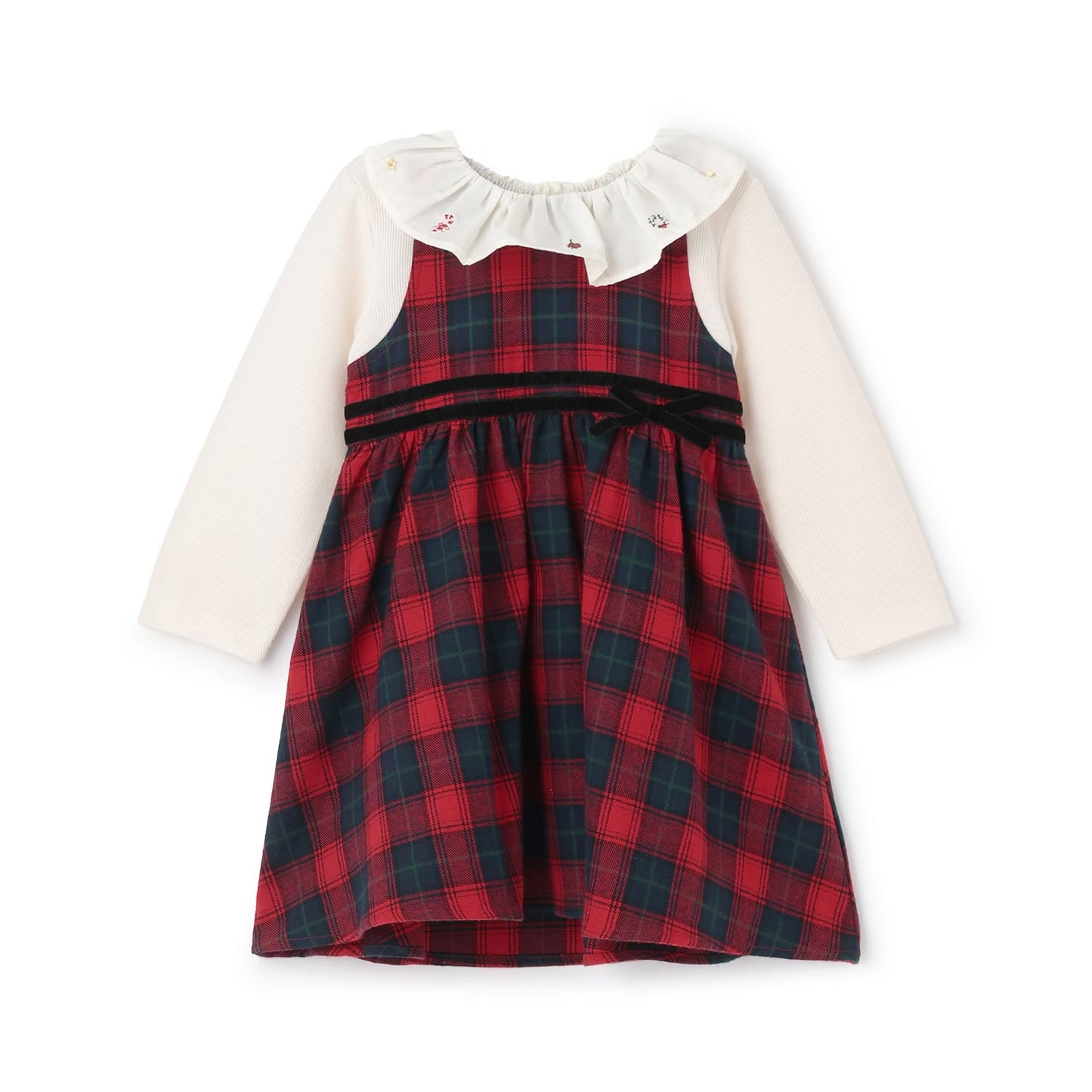 日本童裝 pe#main 假兩件格仔連身裙 80-130cm 女童款 冬季 DRESSES 面試/宴會/表演 聖誕紅/新年紅