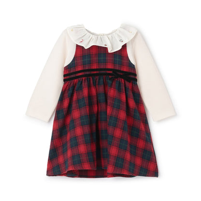日本童裝 pe#main 假兩件格仔連身裙 80-130cm 女童款 冬季 DRESSES 面試/宴會/表演 聖誕紅/新年紅