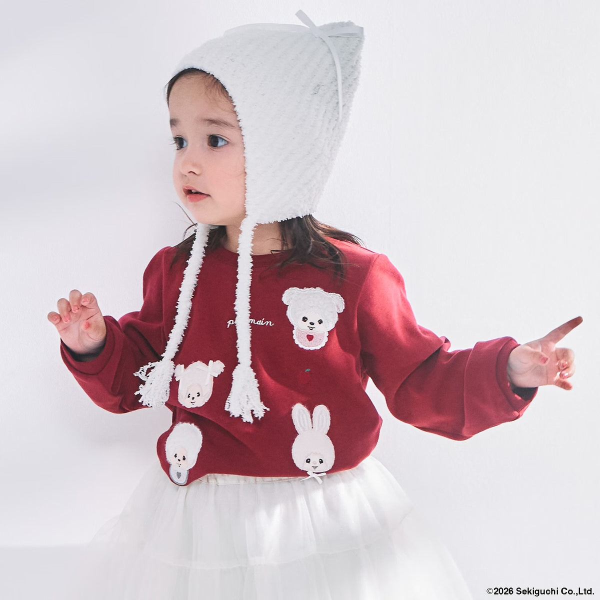 日本童裝 pe#main x Monchhichi 毛毛刺繡圖案上衣 80-130cm 女童款 秋季 TOPS 聖誕紅/新年紅