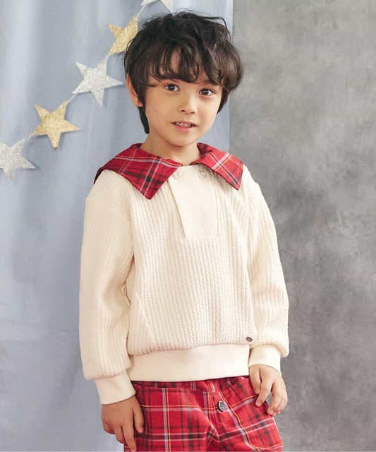 日本童裝 apres les cours 格仔水手領上衣 80-130cm 男童款 冬季 Tops 聖誕紅/新年紅