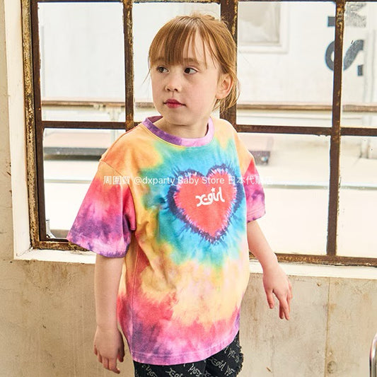 Japanese children's clothing X-girl Stages heart-shaped tie-dye top 80-140cm girls summer TOPS 