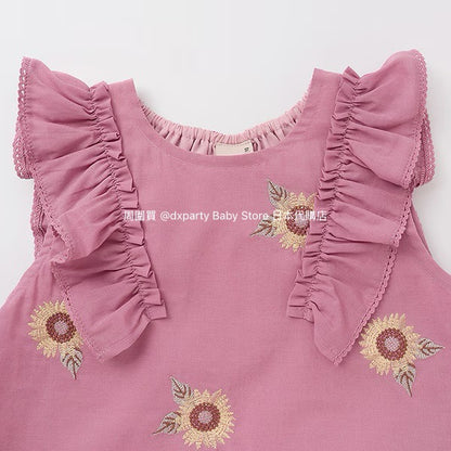 Japanese children's clothing pe#main flower embroidered top 80-130cm girls summer TOPS 