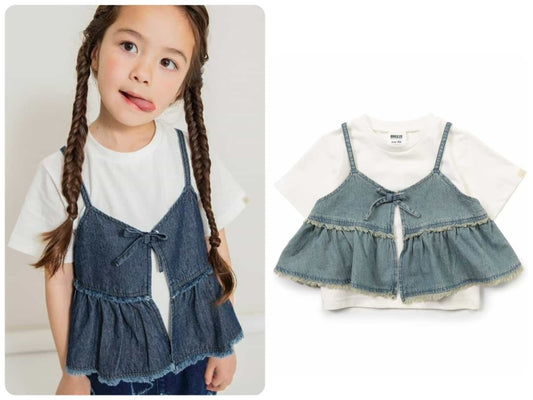 Japanese children's clothing BREEZE suspender denim top two-piece set 80-140cm girls summer TOPS 