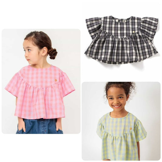 Japanese children's clothing BREEZE ruffled plaid top 80-140cm girls summer TOPS 