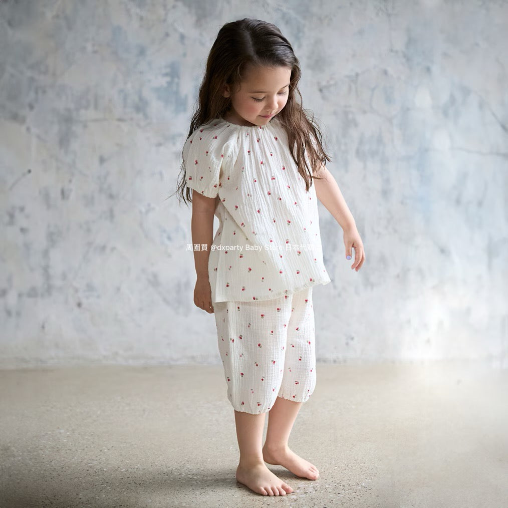 Japanese children's clothing pe#main puff sleeve double gauze pajamas 80-130cm girls' summer pajamas series 