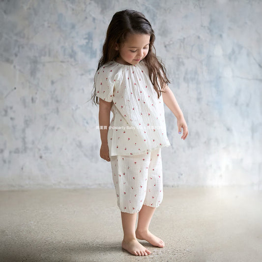 Japanese children's clothing pe#main puff sleeve double gauze pajamas 80-130cm girls' summer pajamas series 