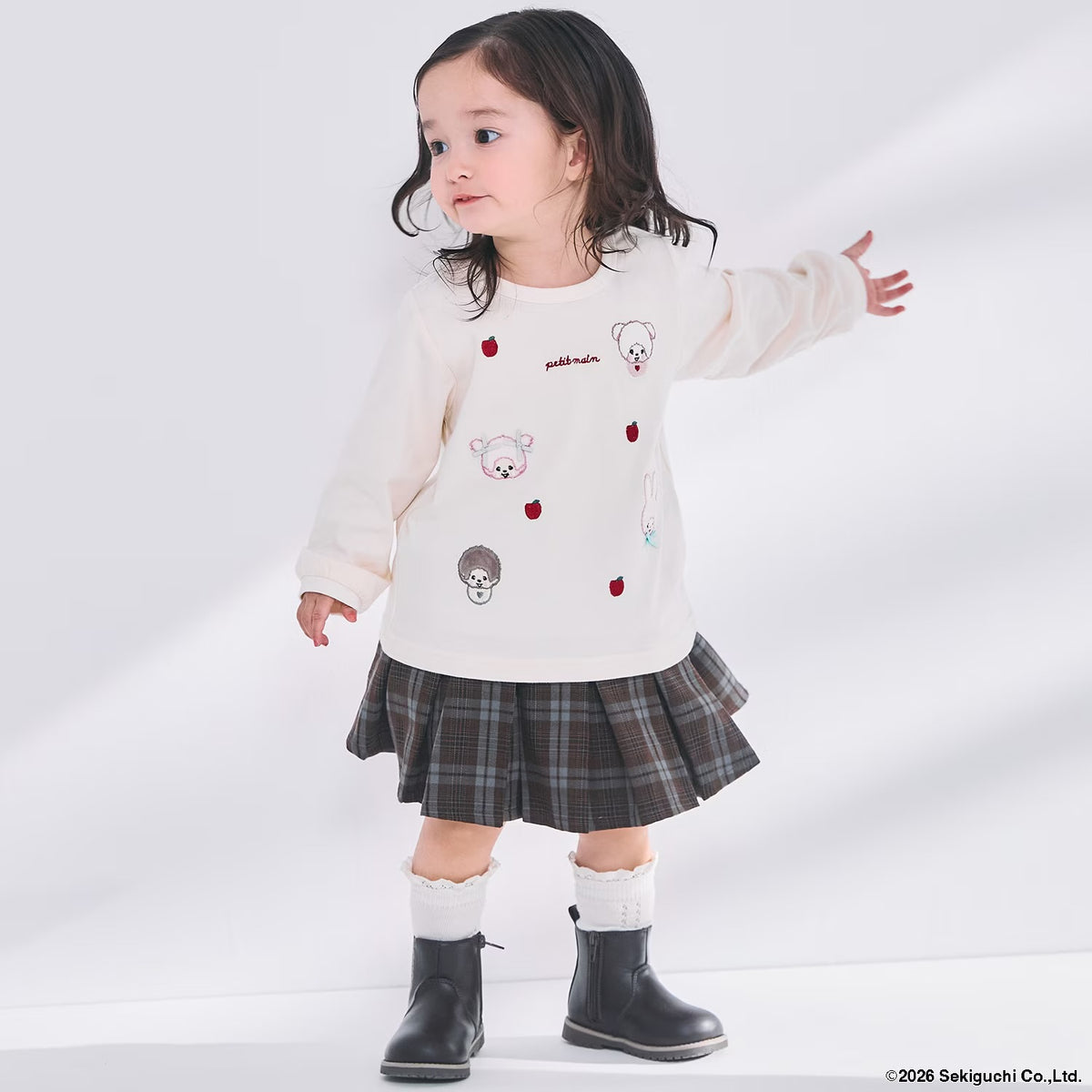 日本童裝 pe#main x Monchhichi 毛毛刺繡圖案上衣 80-130cm 女童款 秋季 TOPS 聖誕紅/新年紅