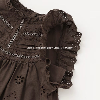 Japanese children's clothing pe#main lace hollow top 80-130cm girls summer TOPS 