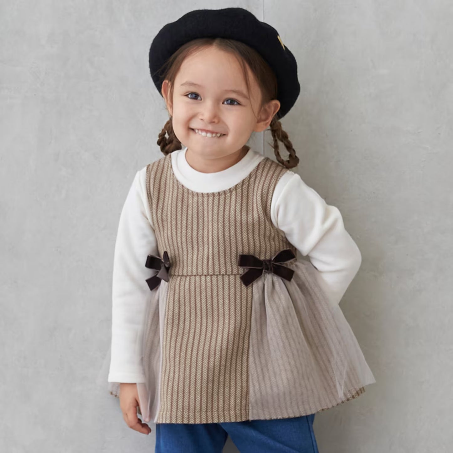 日本童裝 pe#main 假兩件蝴蝶結花邊上衣 80-130cm 女童款 冬季 TOPS 聖誕紅/新年紅