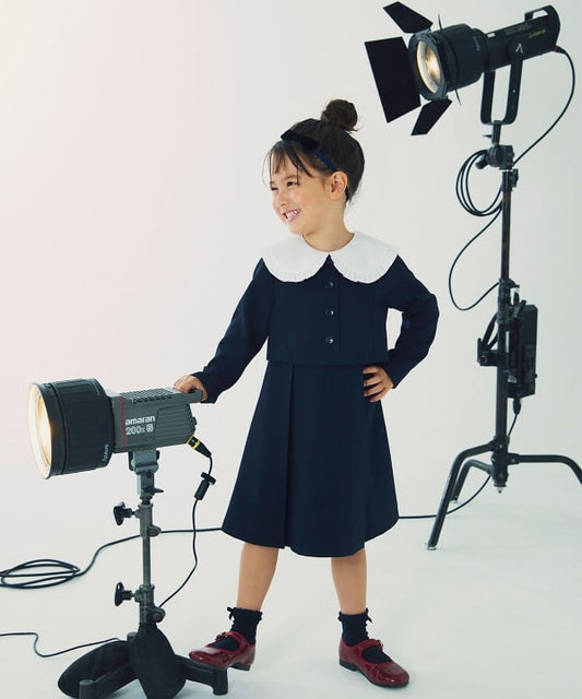 Japanese children's clothing B:MING by BEAMS dark blue dress 100-130cm girls summer dress for interviews/banquets/performances 