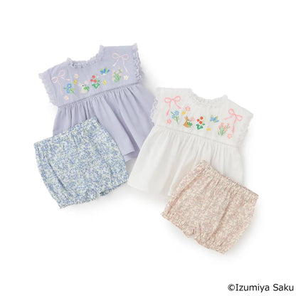 日本童裝 pe#main x【泉屋作】蕾絲褶皺刺繡兩件套裝 70-80cm 女童款 初生嬰兒 夏季 TOPS PANTS