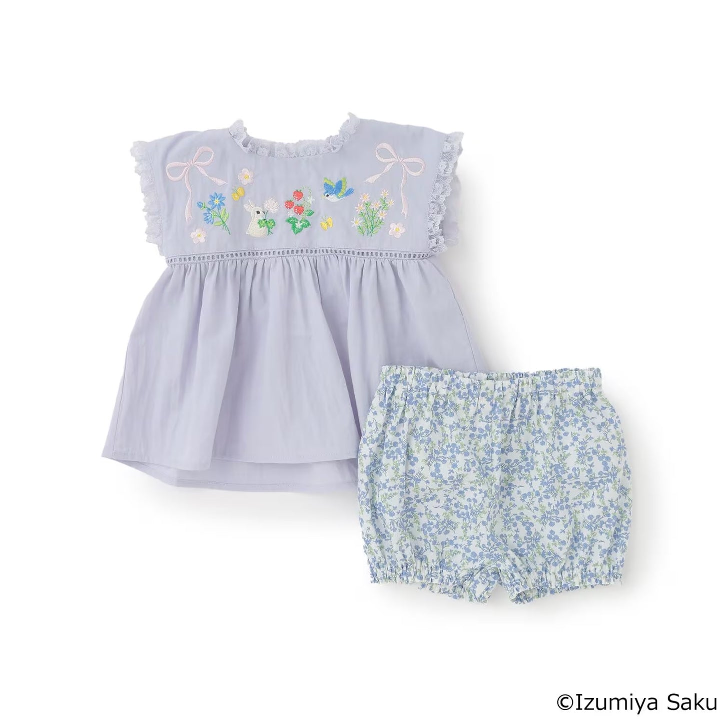 日本童裝 pe#main x【泉屋作】蕾絲褶皺刺繡兩件套裝 70-80cm 女童款 初生嬰兒 夏季 TOPS PANTS