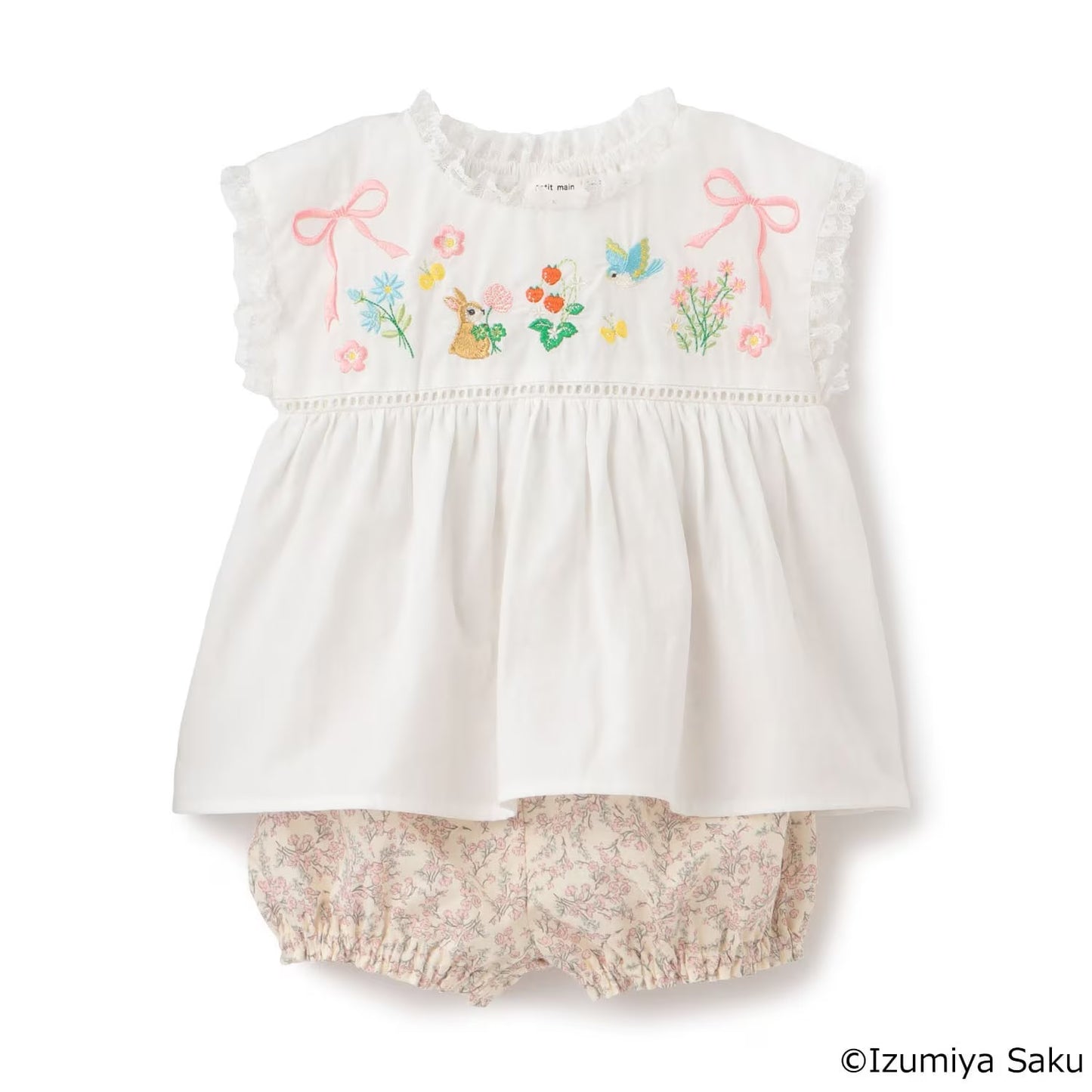 日本童裝 pe#main x【泉屋作】蕾絲褶皺刺繡兩件套裝 70-80cm 女童款 初生嬰兒 夏季 TOPS PANTS